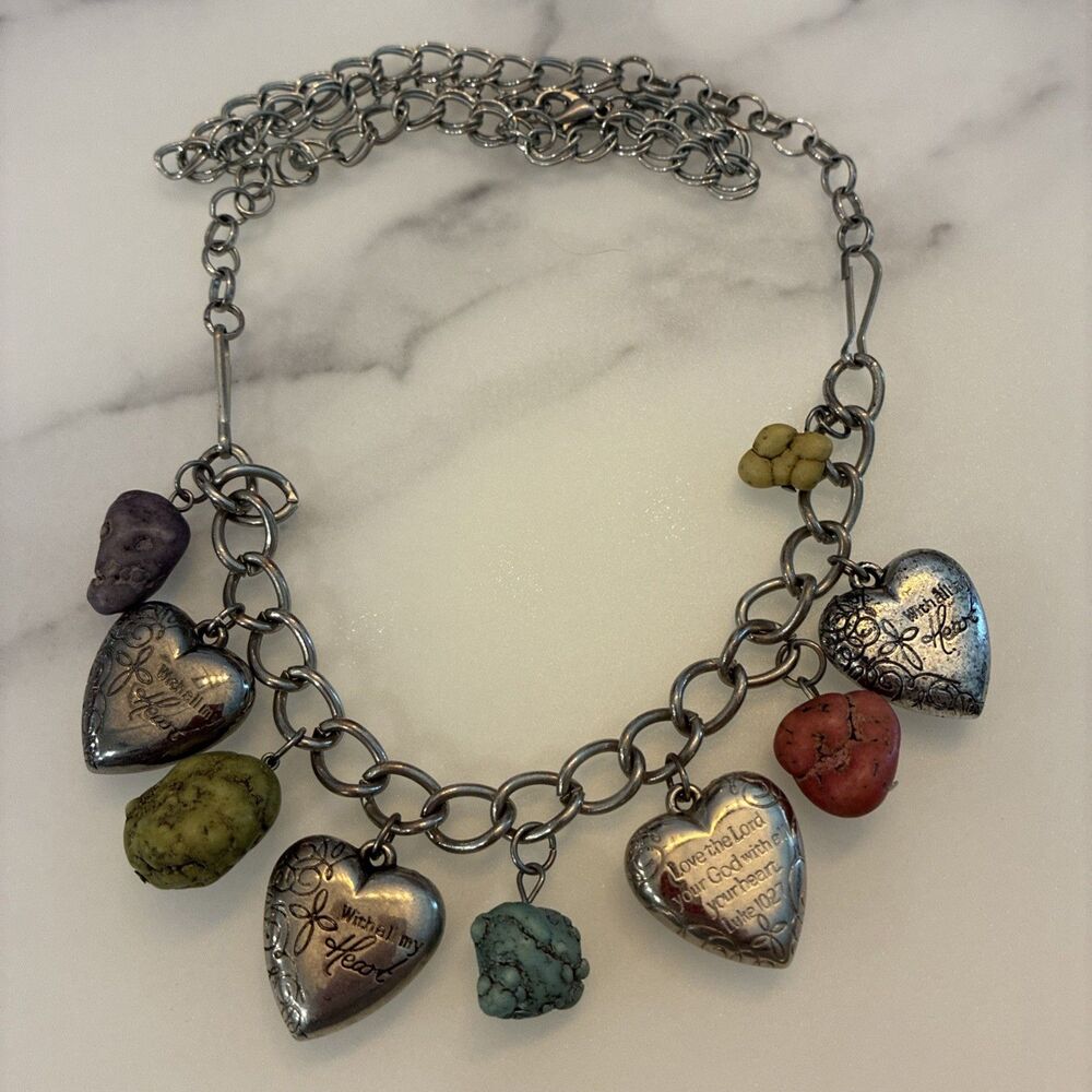 Chunky Hearts With Verses Dyed Stone Metal Christian Religious Necklace